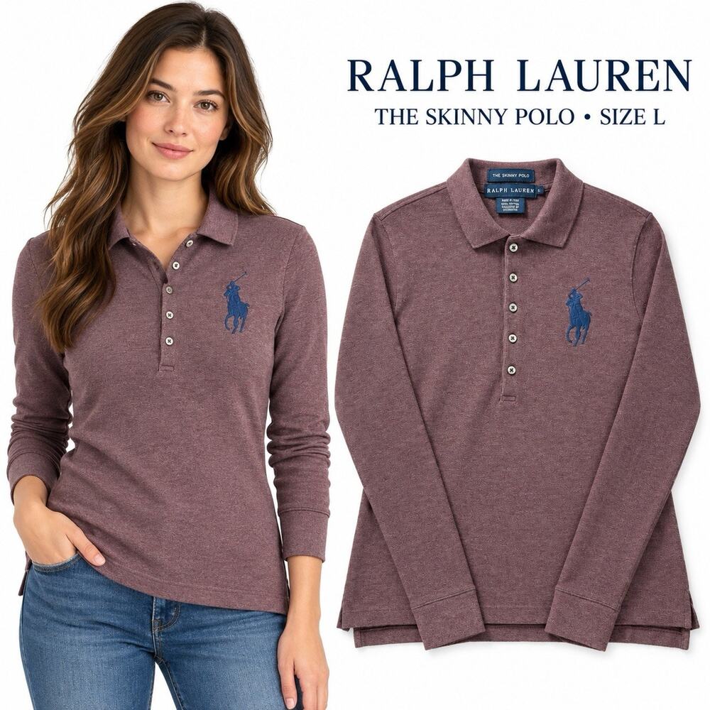 Ralph Lauren Women’s L The Skinny Polo Long Sleeve Big Pony Mauve Shirt
